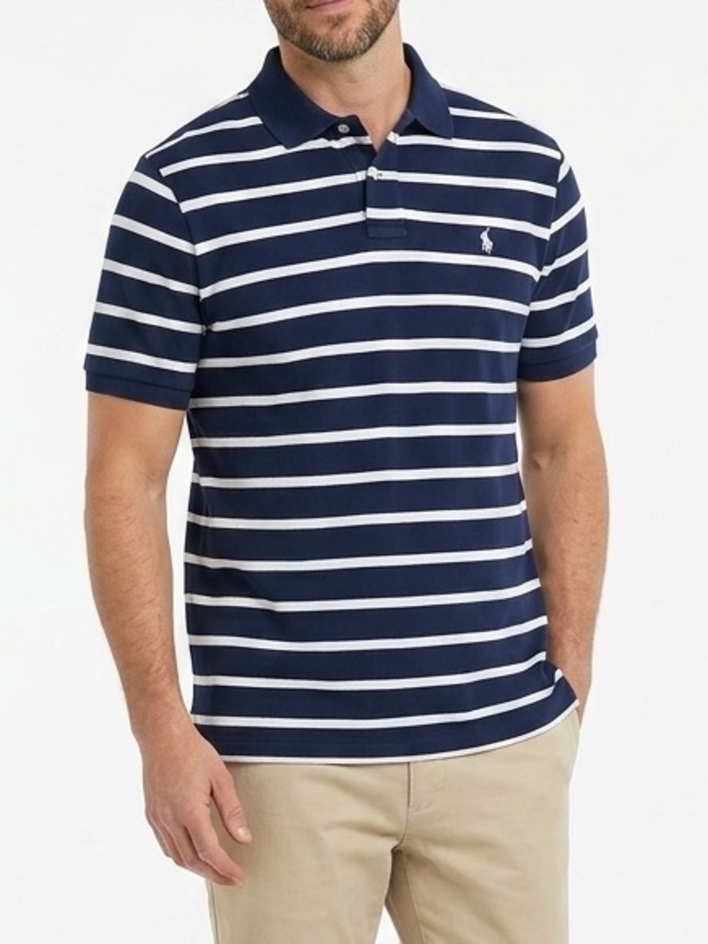 Polo Ralph Lauren Men’s Large Navy White Striped Polo Shirt Classic Fit Cotton